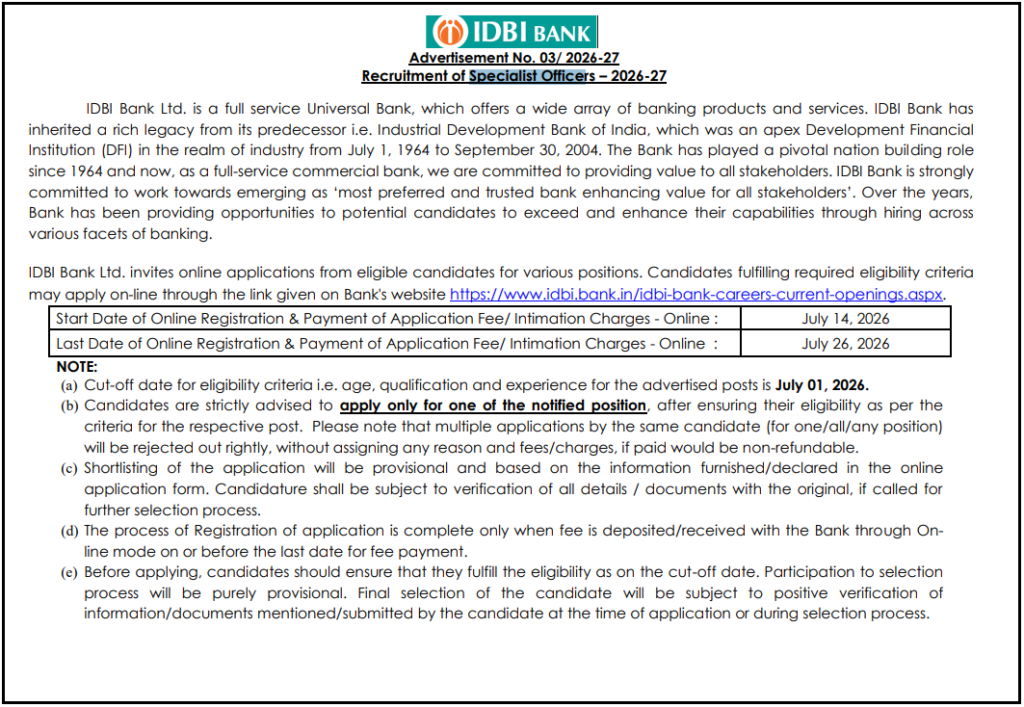 IDBI Bank Specialist Officer Posts Recruitment Notification PDF