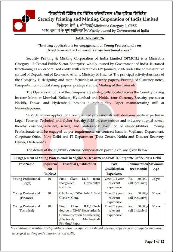 SPMCIL Young Professional Recruitment 2026 Notification PDF